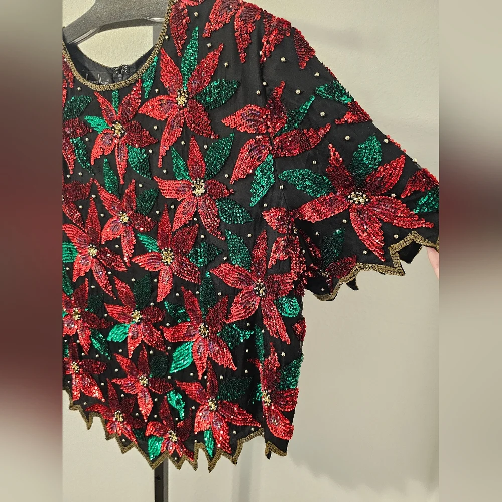 Laurence Kazar Sequin Poinsettia Christmas top Sz 3XL - Picture 3 of 7